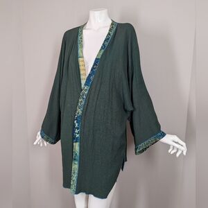Boho Artisan Kimono Jacket – Forest Green with Patchwork Art & Embroidery – One